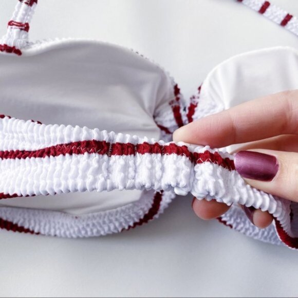 J. Crew | Scrunchie Ring Bandeau Bikini Top Stripe White Racing Red Textured New - Picture 12 of 15